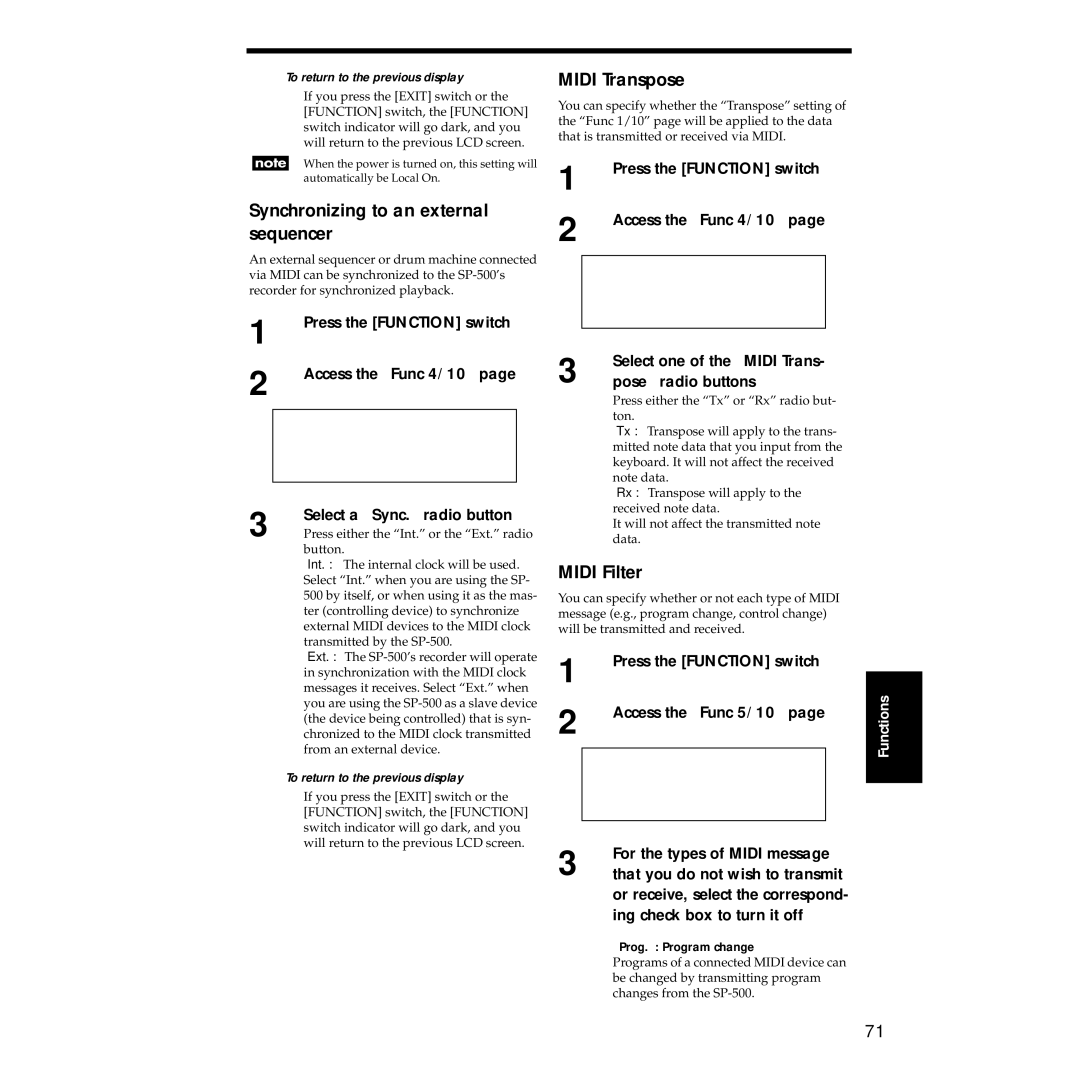 Korg Sp-500 manual Synchronizing to an external sequencer, Midi Transpose, Midi Filter 