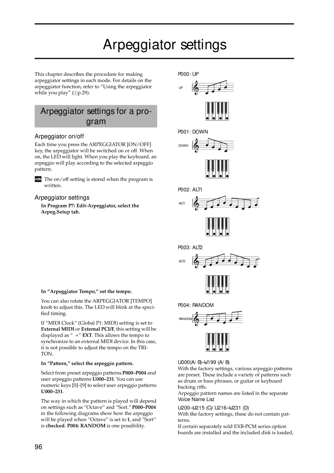 Korg Speaker System owner manual Arpeggiator settings for a pro Gram, Pattern, select the arpeggio pattern 