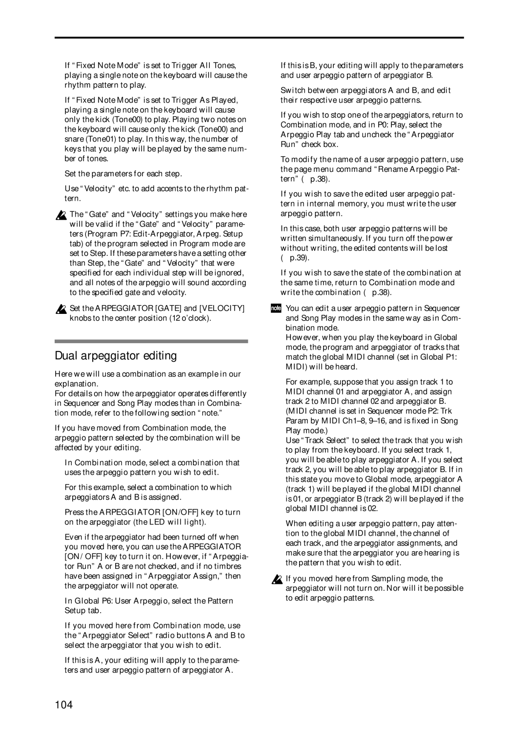 Korg Speaker System owner manual Dual arpeggiator editing, 104, Set the parameters for each step 