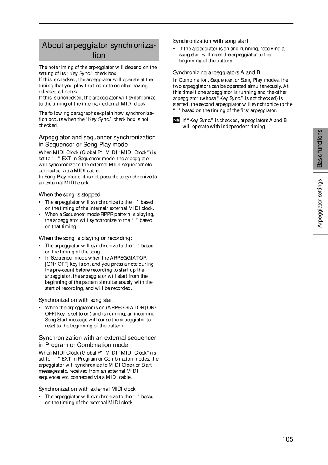 Korg Speaker System owner manual About arpeggiator synchroniza Tion, 105 