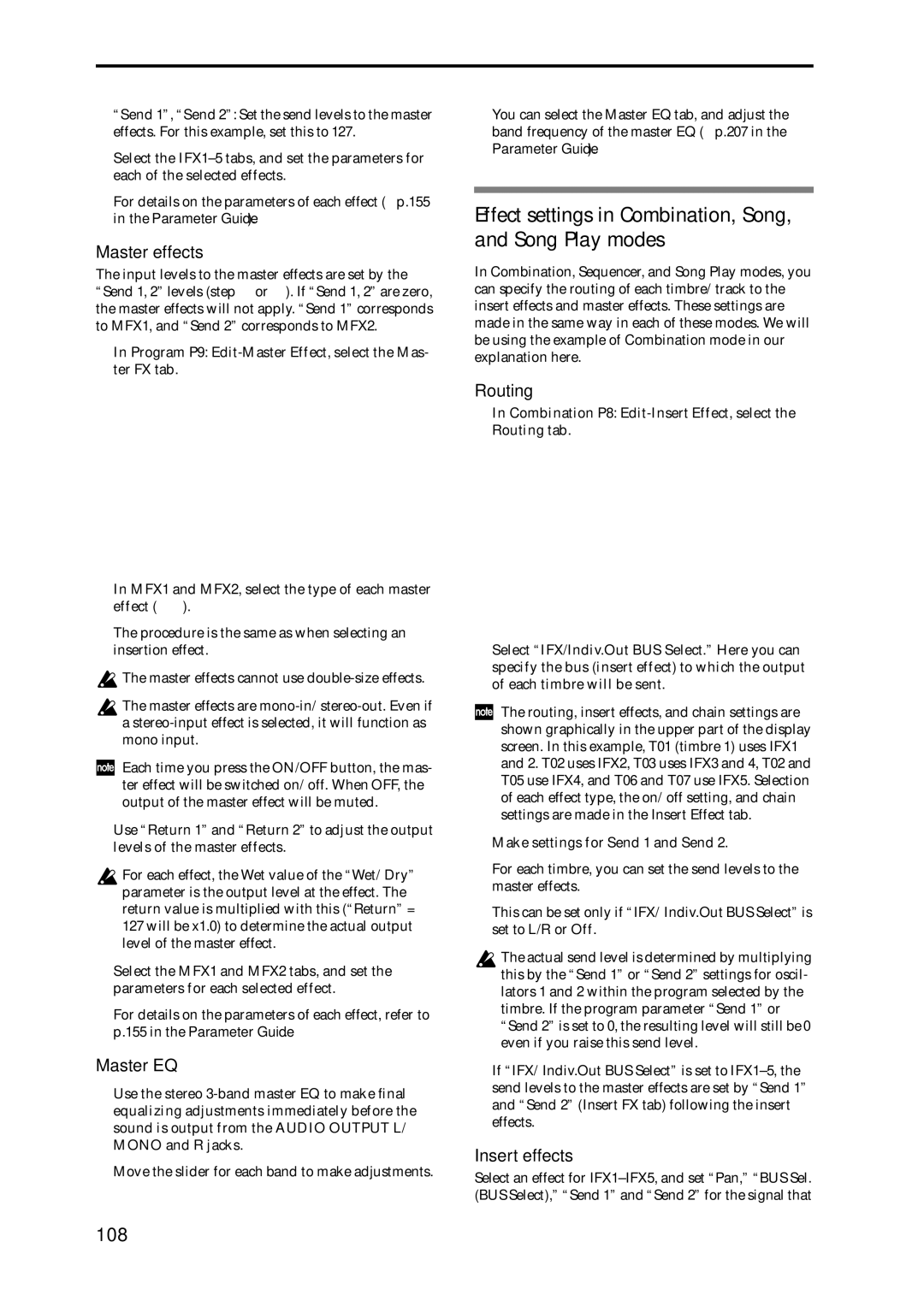 Korg Speaker System owner manual Effect settings in Combination, Song, and Song Play modes, 108, Master effects, Master EQ 