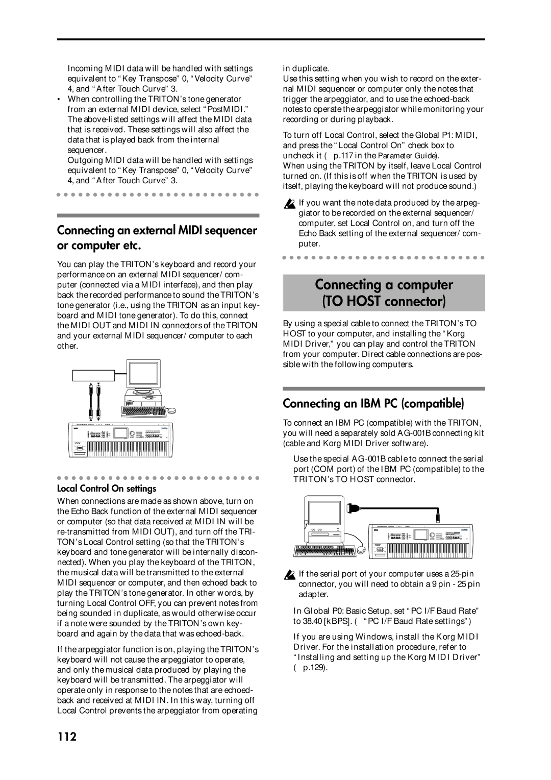 Korg Speaker System Connecting an external Midi sequencer or computer etc, Connecting an IBM PC compatible, 112 