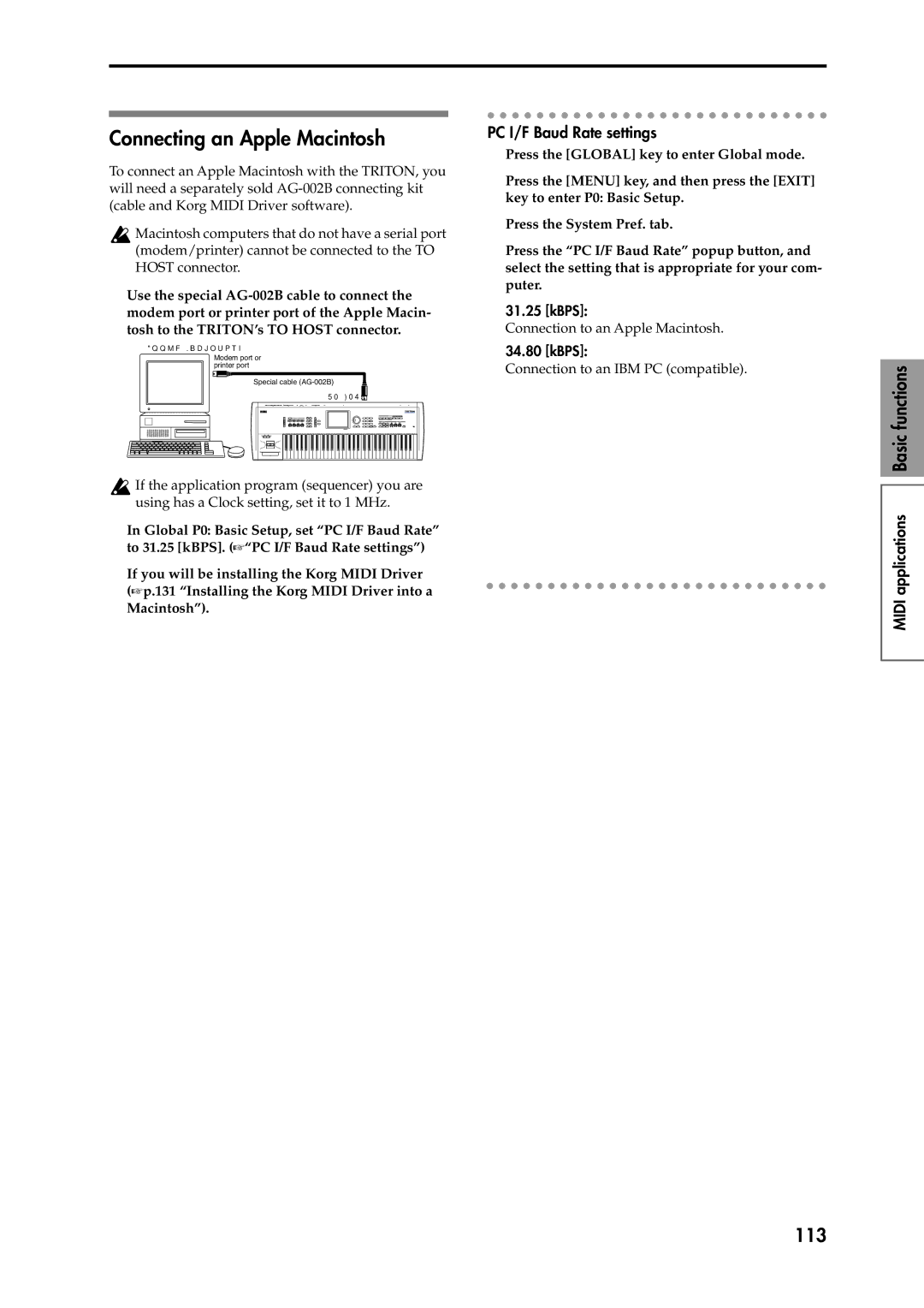 Korg Speaker System owner manual Connecting an Apple Macintosh, 113, PC I/F Baud Rate settings, Kbps 