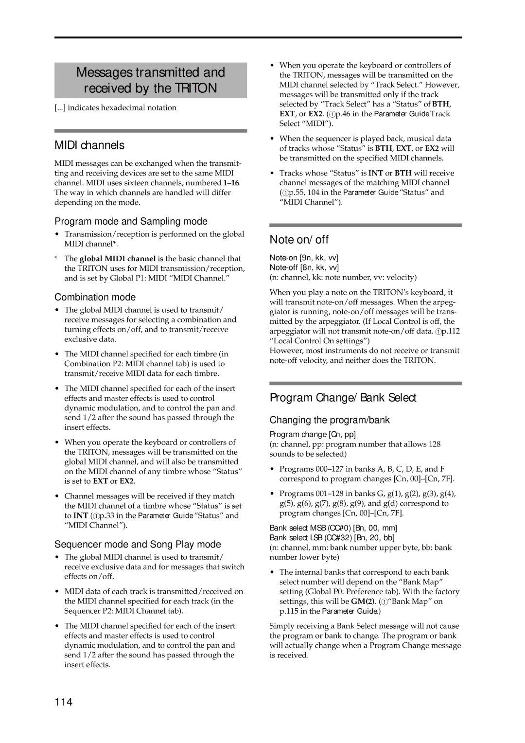 Korg Speaker System Messages transmitted Received by the Triton, Midi channels, Program Change/Bank Select, 114 