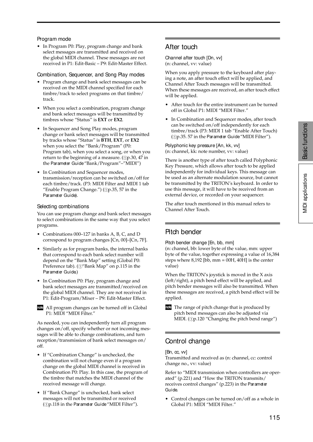 Korg Speaker System owner manual After touch, Pitch bender, Control change, 115 