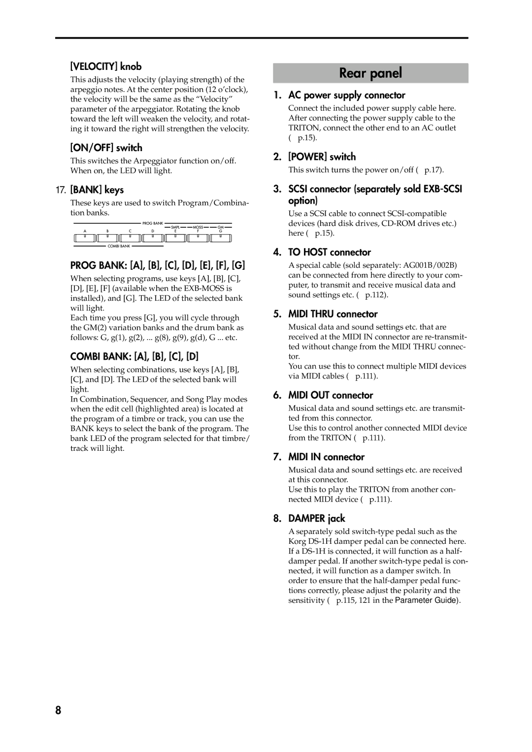 Korg Speaker System owner manual Rear panel, Velocity knob 