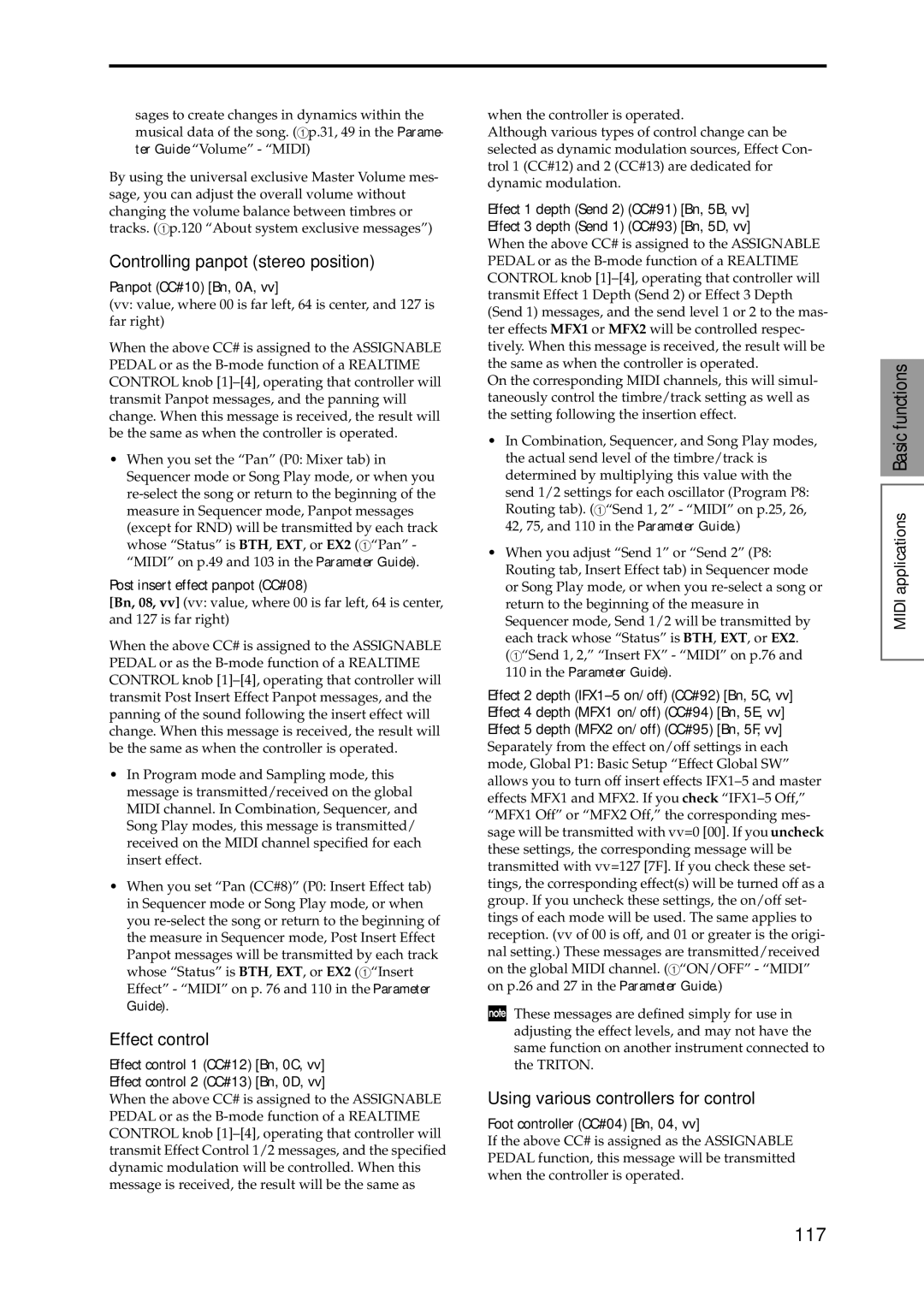 Korg Speaker System 117, Controlling panpot stereo position, Effect control, Using various controllers for control 