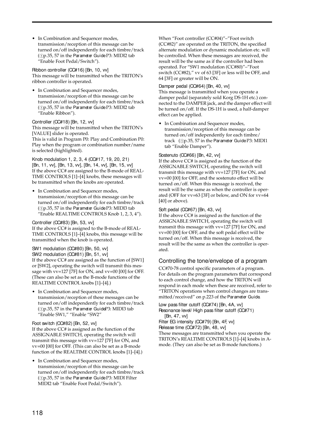 Korg Speaker System owner manual 118, Controlling the tone/envelope of a program 