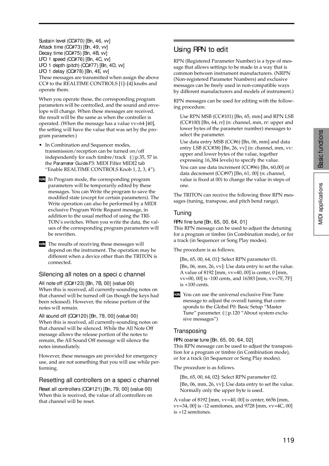 Korg Speaker System owner manual Using RPN to edit, 119 