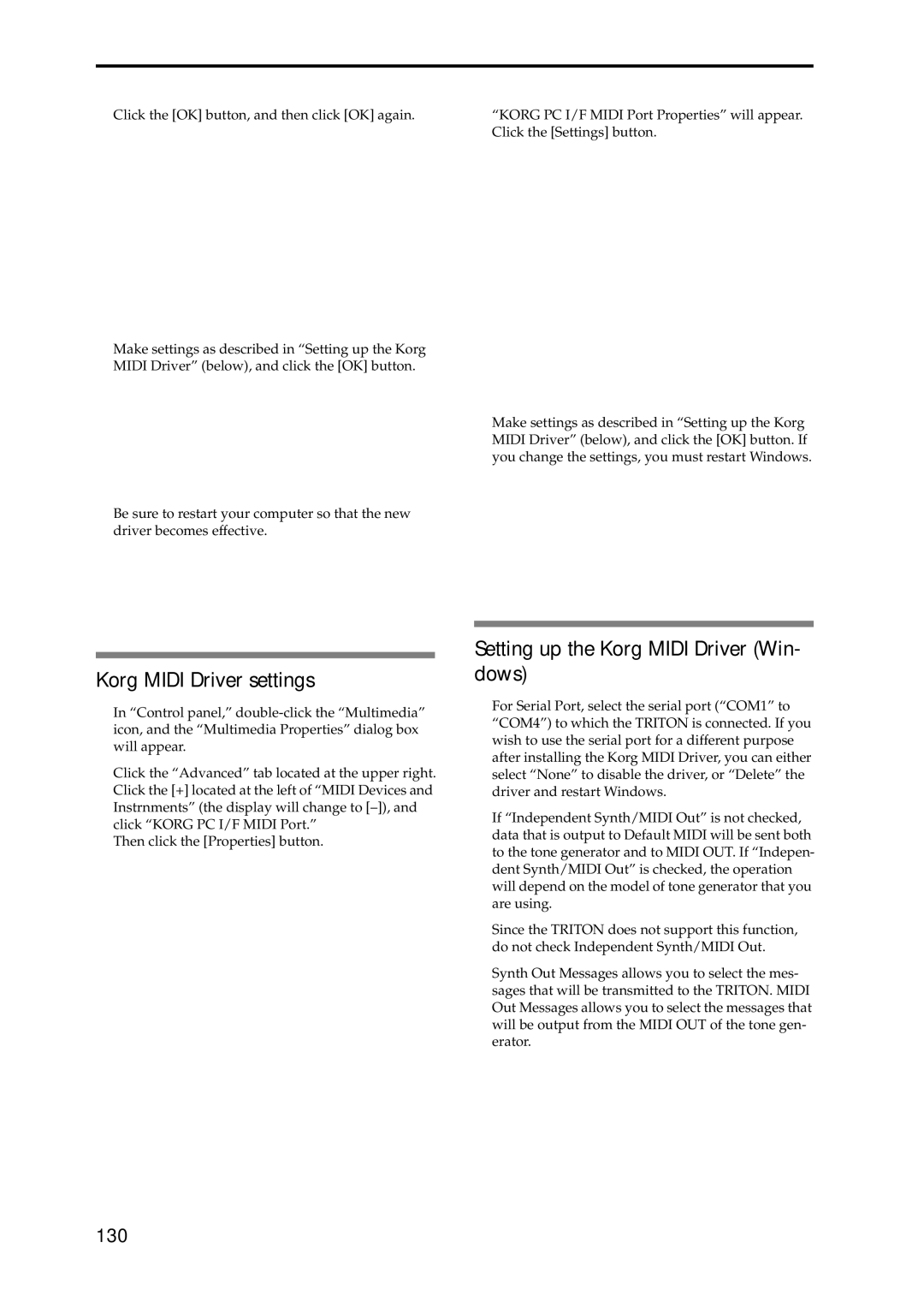 Korg Speaker System owner manual Korg Midi Driver settings, Setting up the Korg Midi Driver Win- dows, 130 