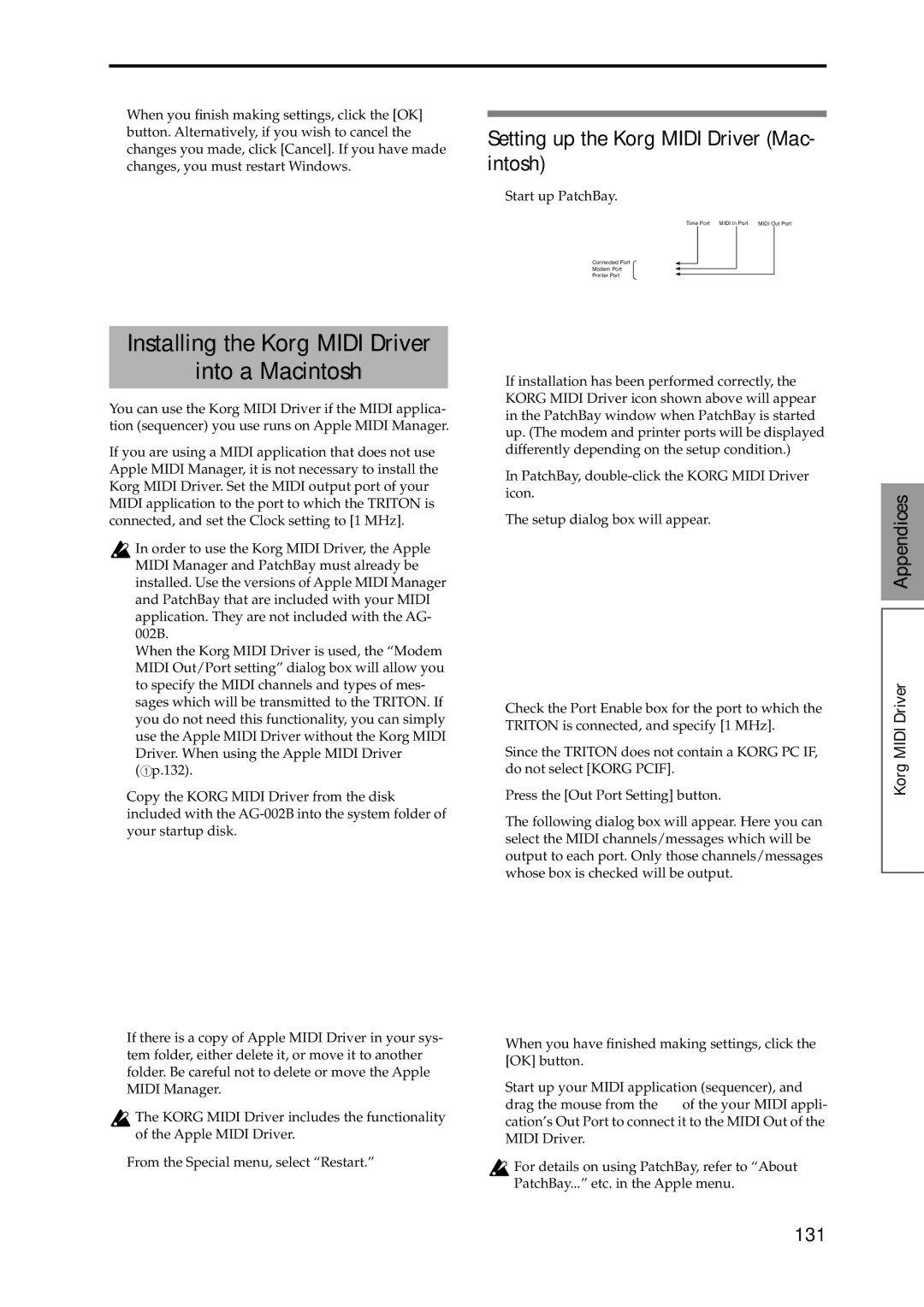 Korg Speaker System Installing the Korg Midi Driver Into a Macintosh, Setting up the Korg Midi Driver Mac- intosh, 131 