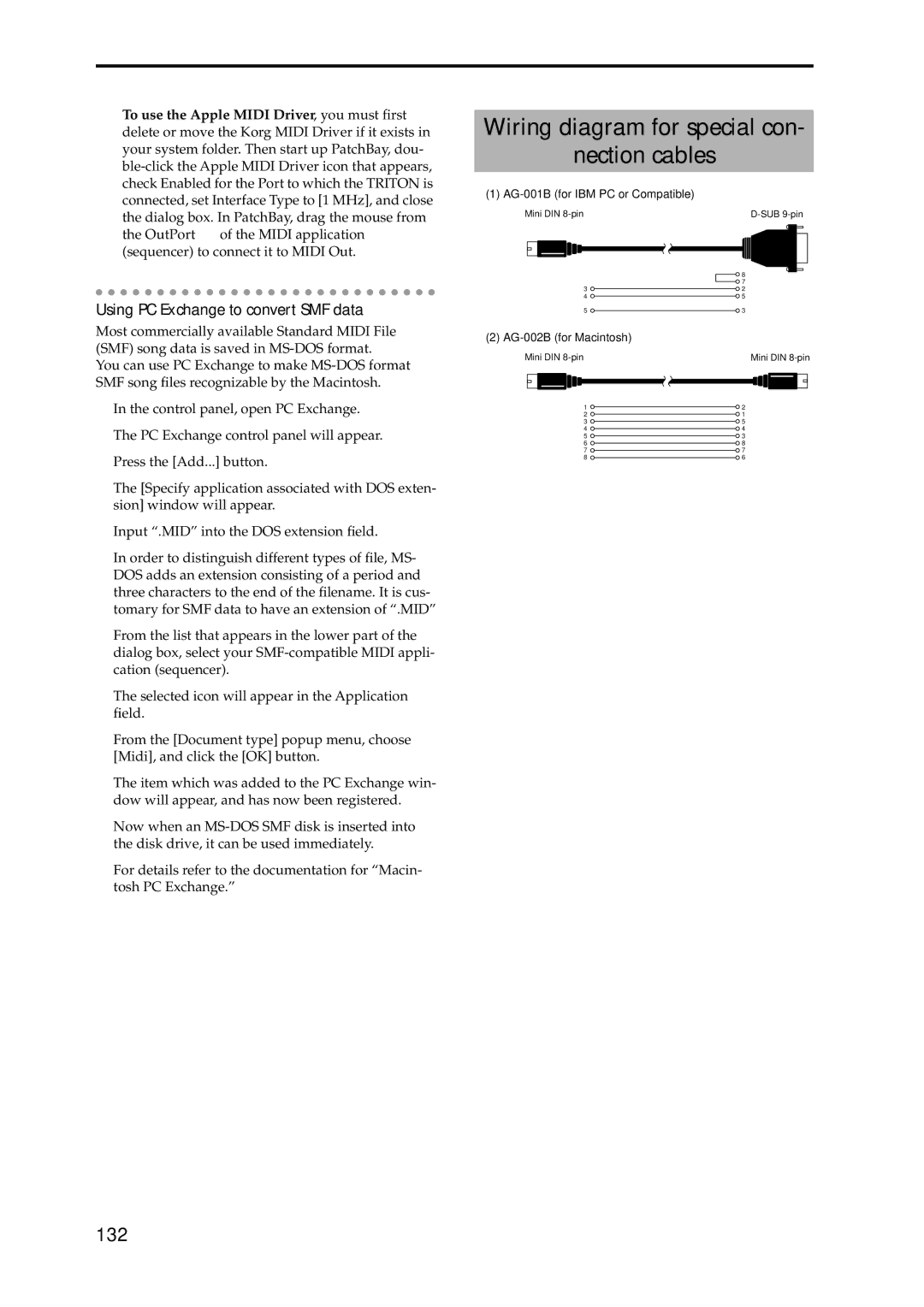 Korg Speaker System owner manual Wiring diagram for special con Nection cables, 132, Using PC Exchange to convert SMF data 