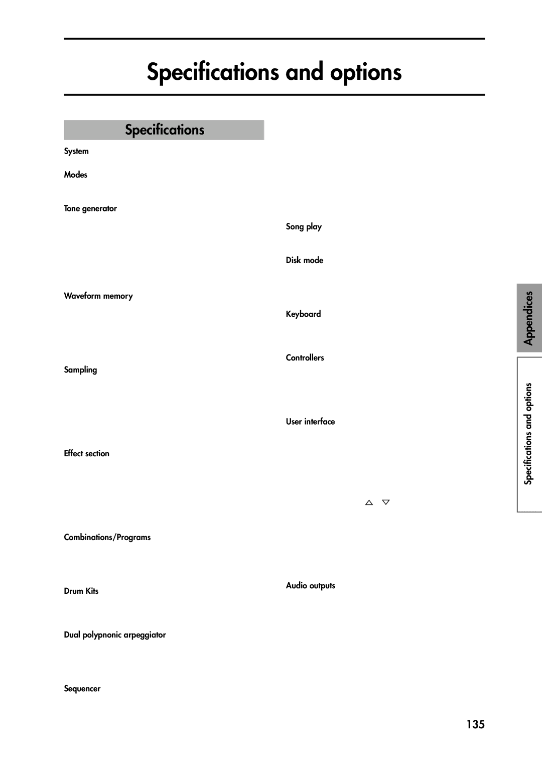 Korg Speaker System owner manual Speciﬁcations and options, 135 