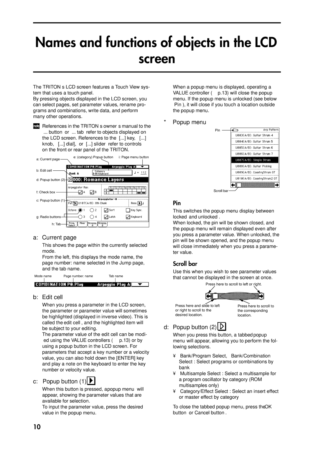 Korg Speaker System Names and functions of objects in the LCD Screen, Current, Edit cell, Popup button, Popup menu 