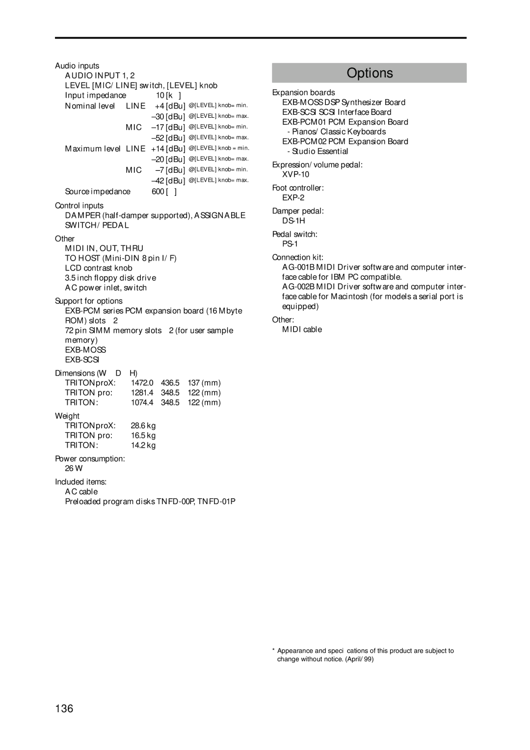 Korg Speaker System owner manual Options, 136 