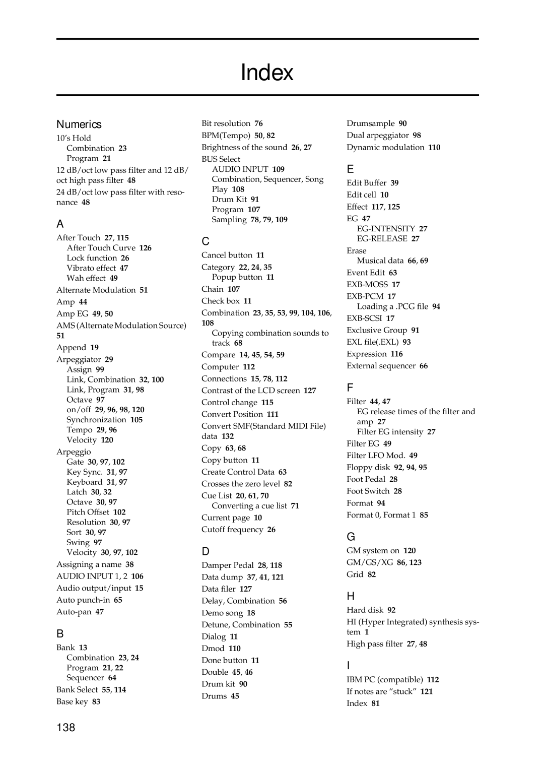 Korg Speaker System owner manual Index, Numerics, 138, 108 