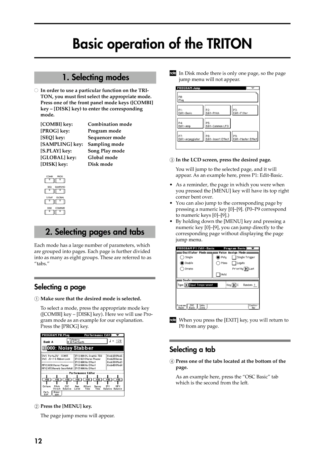 Korg Speaker System Basic operation of the Triton, Selecting modes, Selecting pages and tabs, Selecting a tab 