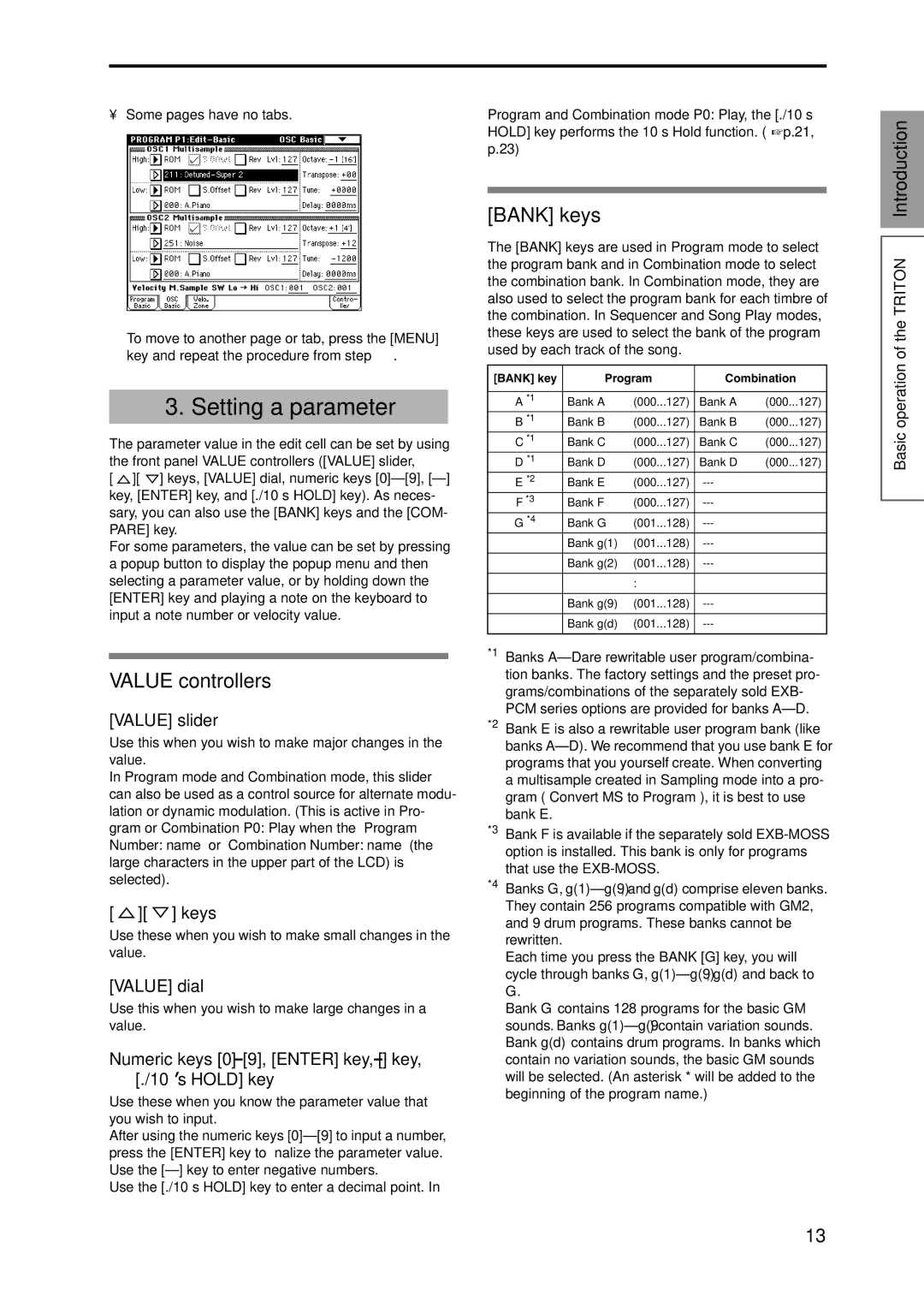 Korg Speaker System Setting a parameter, Value controllers, Bank keys, Basic operation of the Triton Introduction 