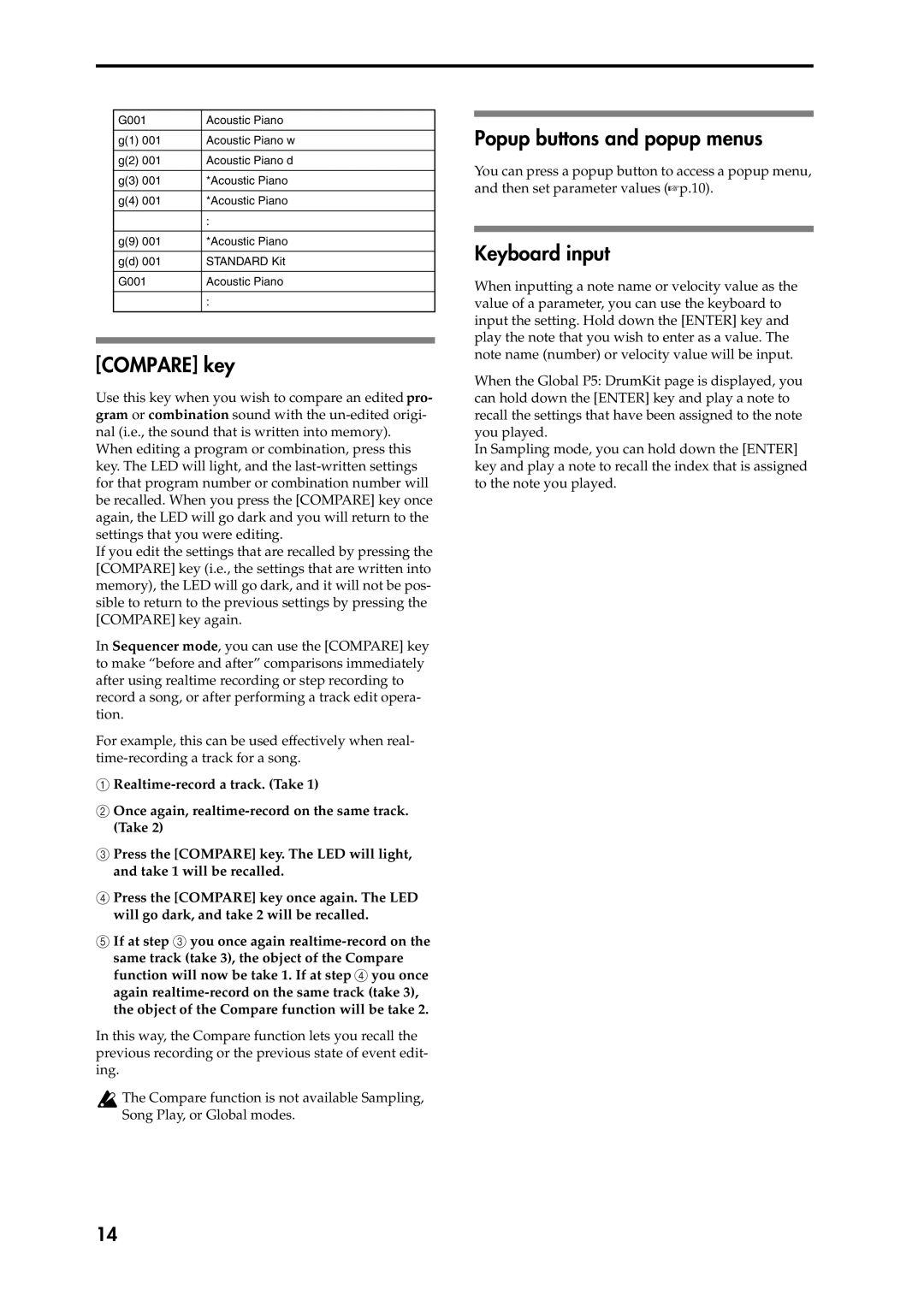 Korg Speaker System owner manual Compare key, Popup buttons and popup menus, Keyboard input 