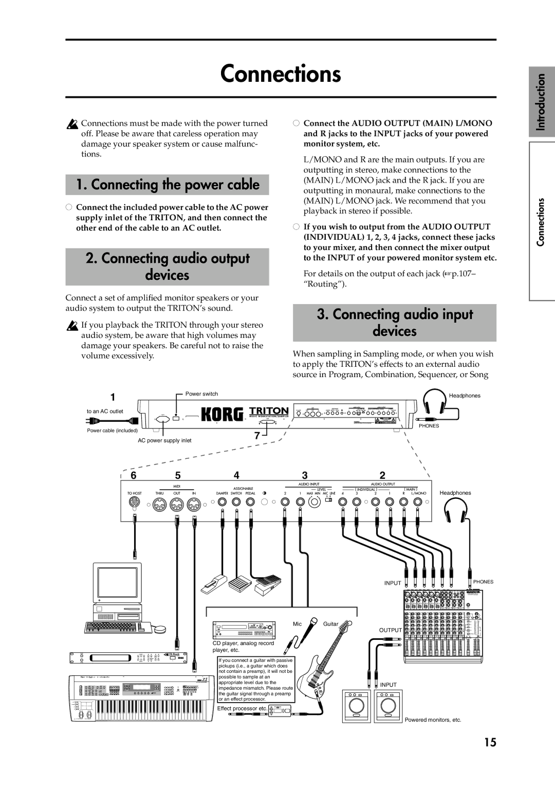 Korg Speaker System owner manual Connections, Connecting the power cable, Connecting audio output devices 