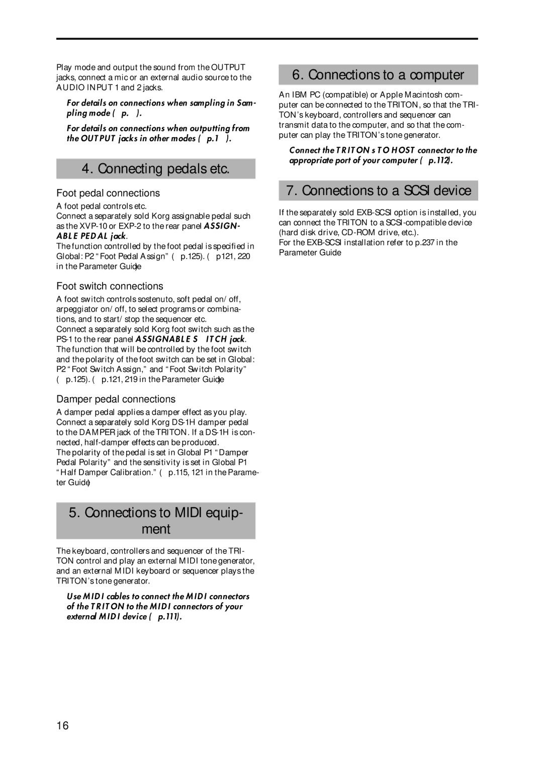 Korg Speaker System owner manual Connecting pedals etc, Connections to Midi equip- ment, Connections to a computer 