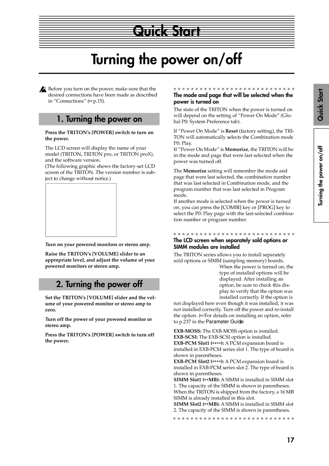 Korg Speaker System owner manual Quick Start Turning the power on/off, Turning the power off 