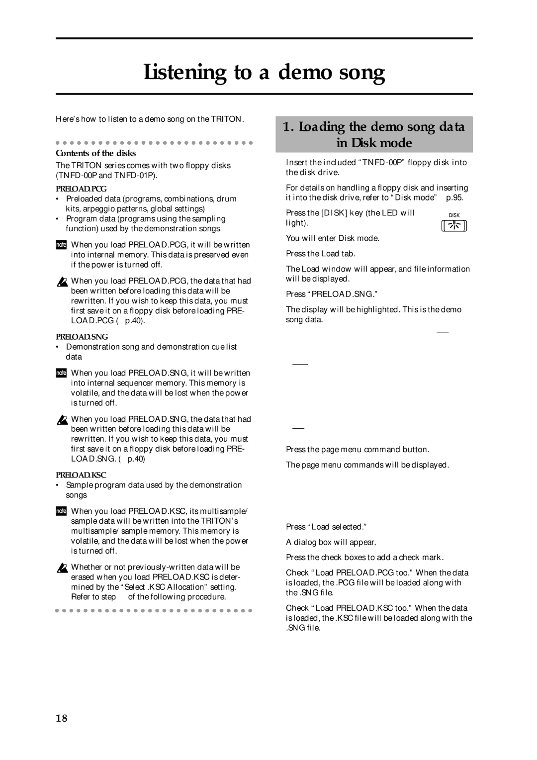 Korg Speaker System owner manual Listening to a demo song, Loading the demo song data in Disk mode, Contents of the disks 