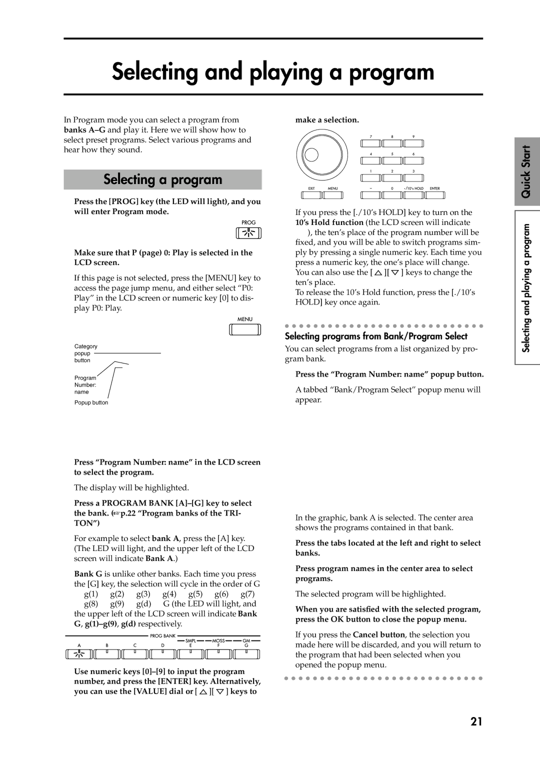 Korg Speaker System owner manual Selecting and playing a program, Selecting a program, Playing a program Quick Start 