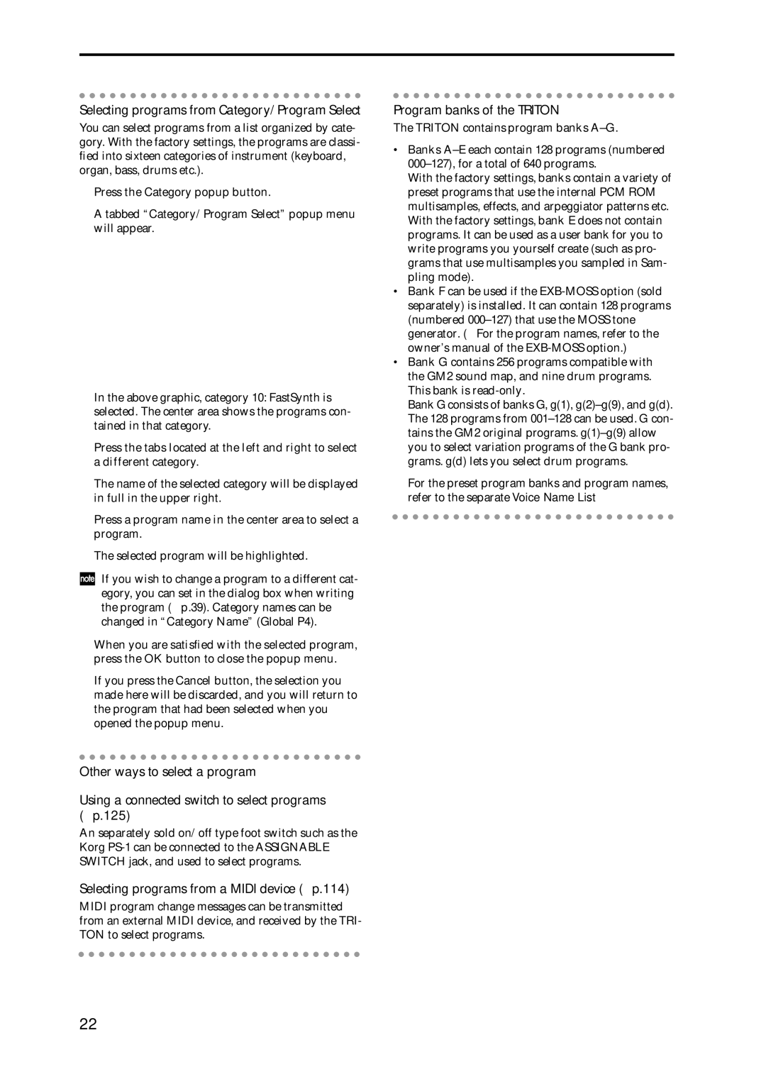 Korg Speaker System Selecting programs from Category/Program Select, Selecting programs from a Midi device p.114 