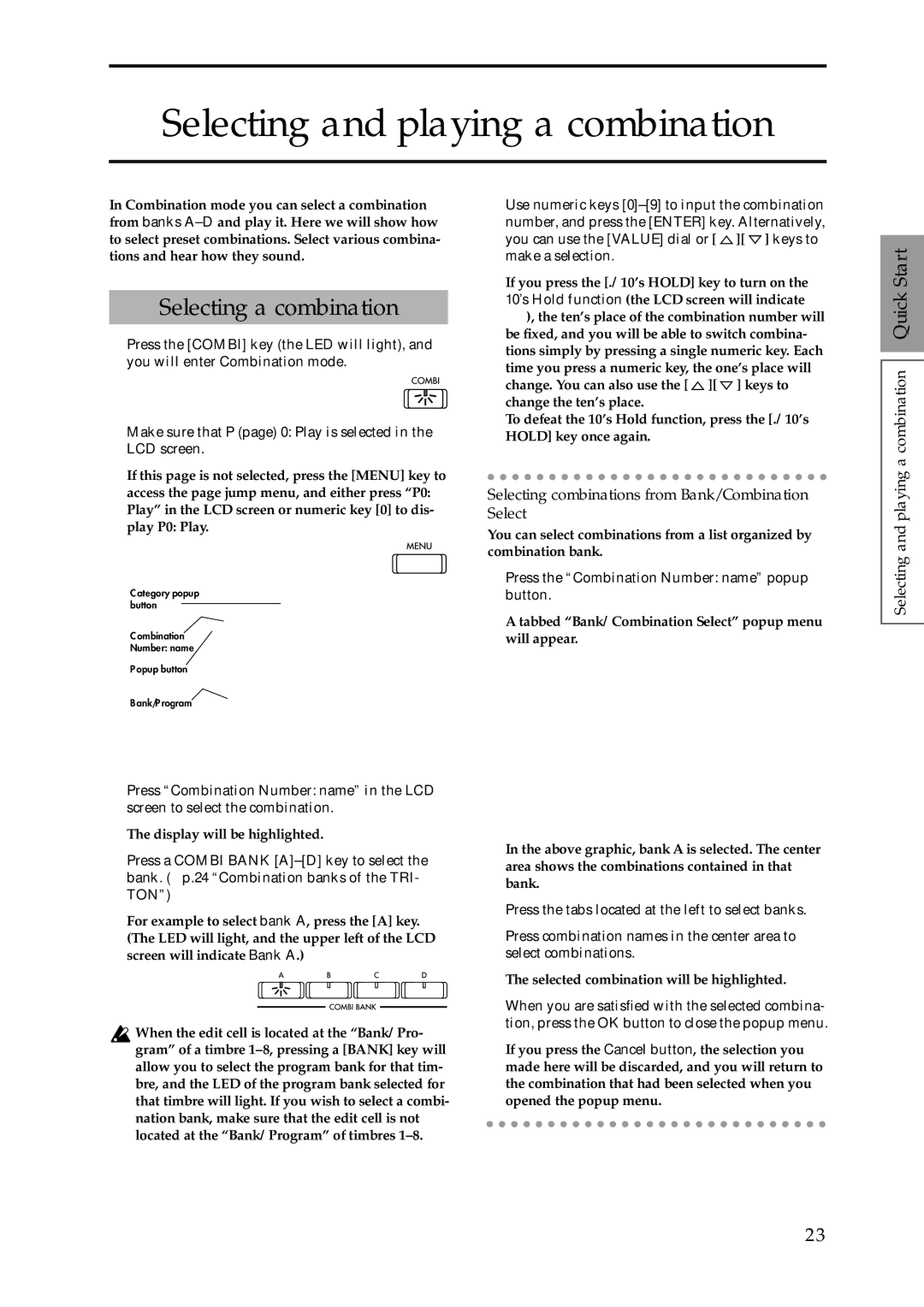 Korg Speaker System owner manual Selecting and playing a combination, Selecting a combination 