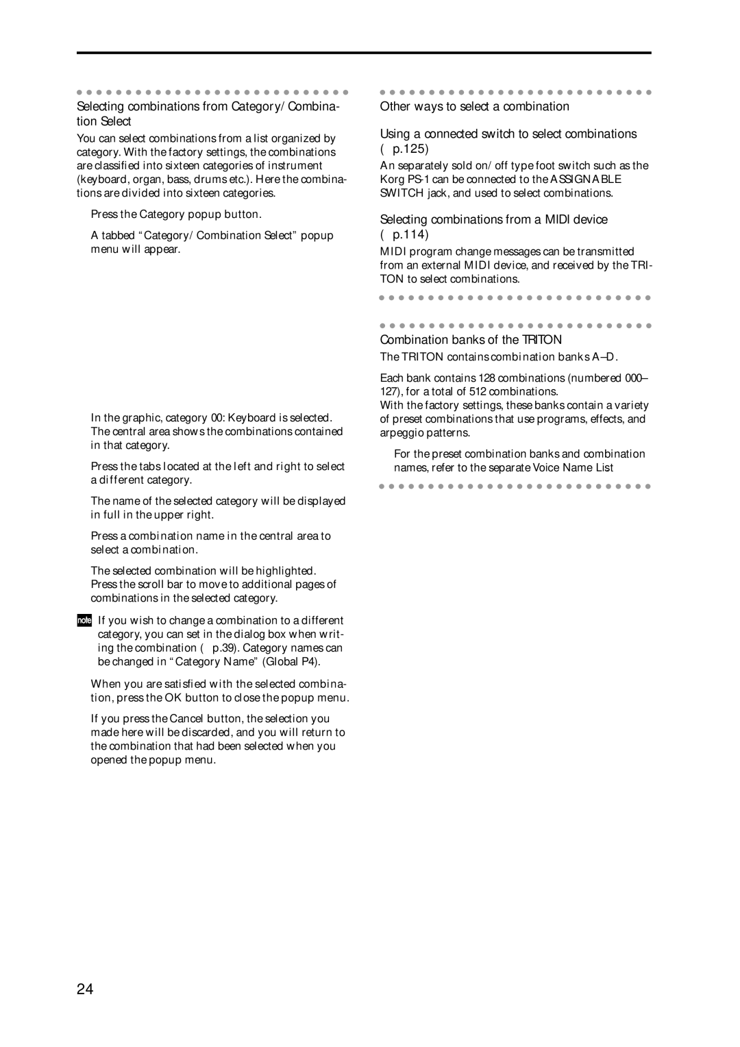 Korg Speaker System owner manual Selecting combinations from Category/Combina- tion Select, Combination banks of the Triton 