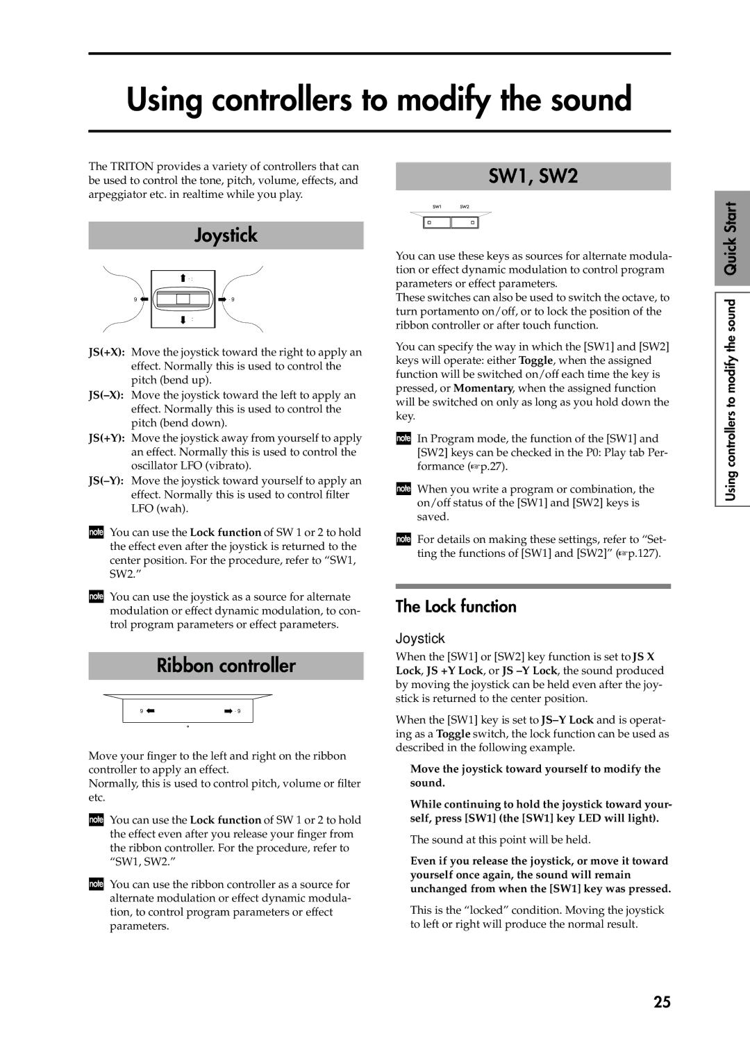 Korg Speaker System Using controllers to modify the sound, Ribbon controller, SW1, SW2, Lock function, Joystick 