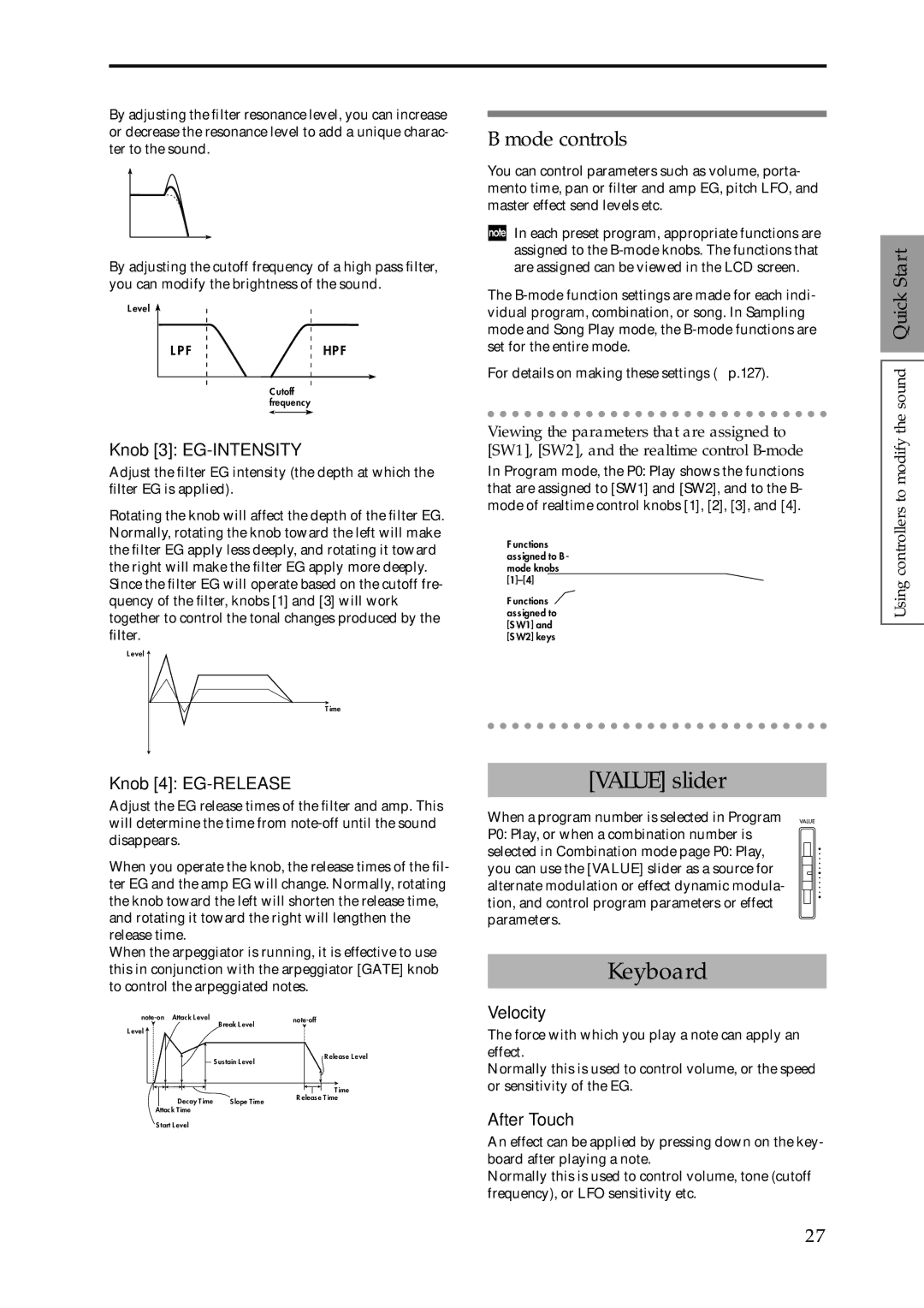 Korg Speaker System owner manual Value slider, Keyboard, Knob 3 EG-INTENSITY, Knob 4 EG-RELEASE, Velocity 