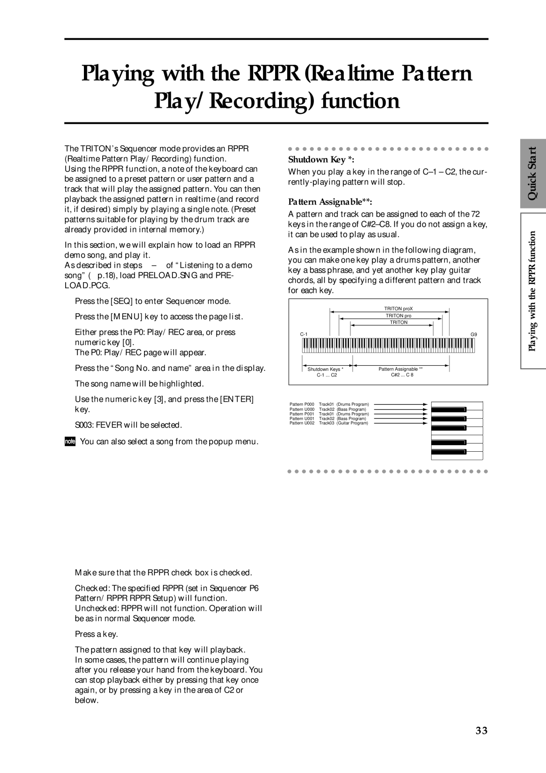 Korg Speaker System owner manual Shutdown Key, Pattern Assignable, Rppr function Quick Start 