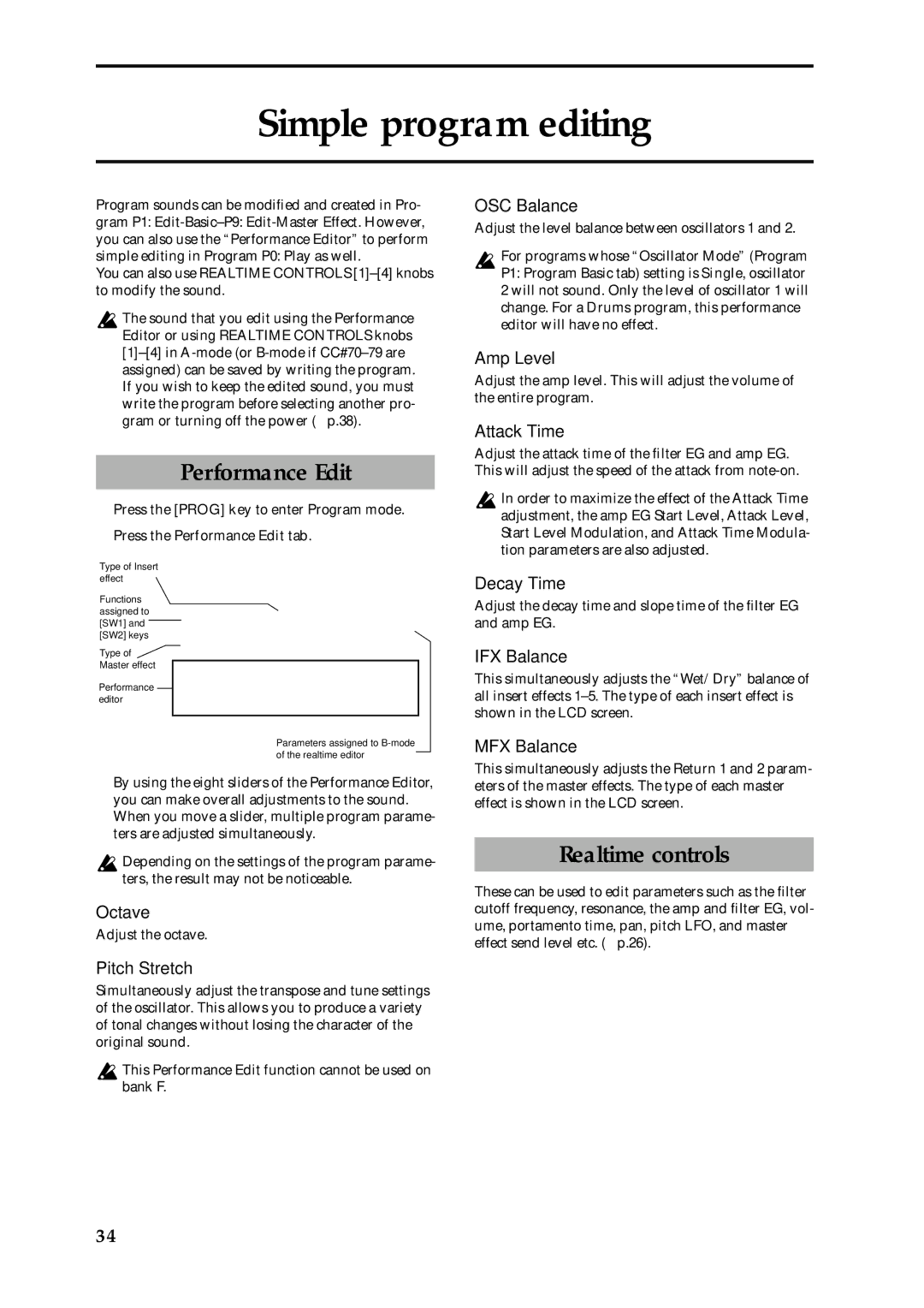 Korg Speaker System owner manual Simple program editing, Performance Edit, Realtime controls 