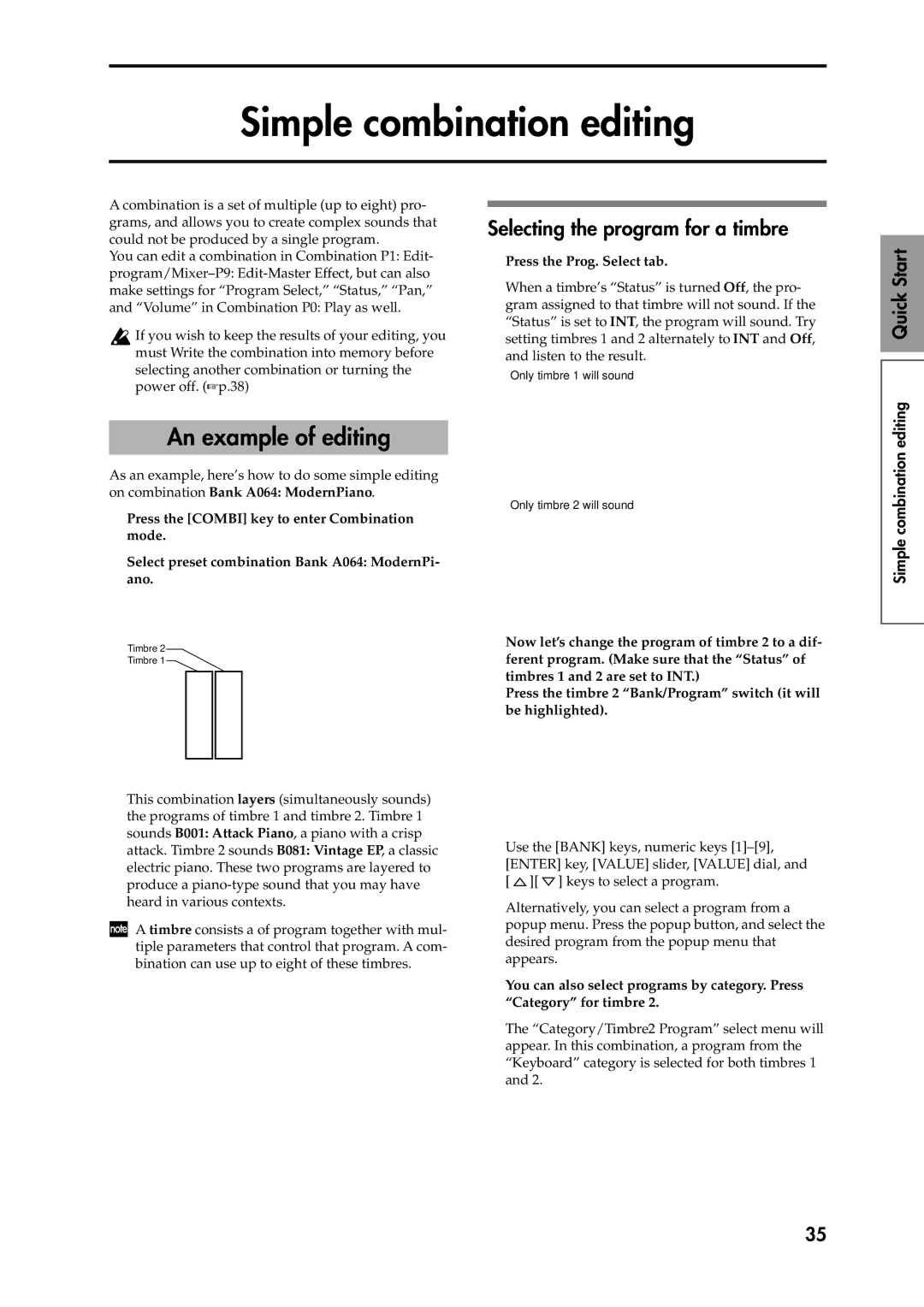 Korg Speaker System owner manual Simple combination editing, An example of editing, Selecting the program for a timbre 