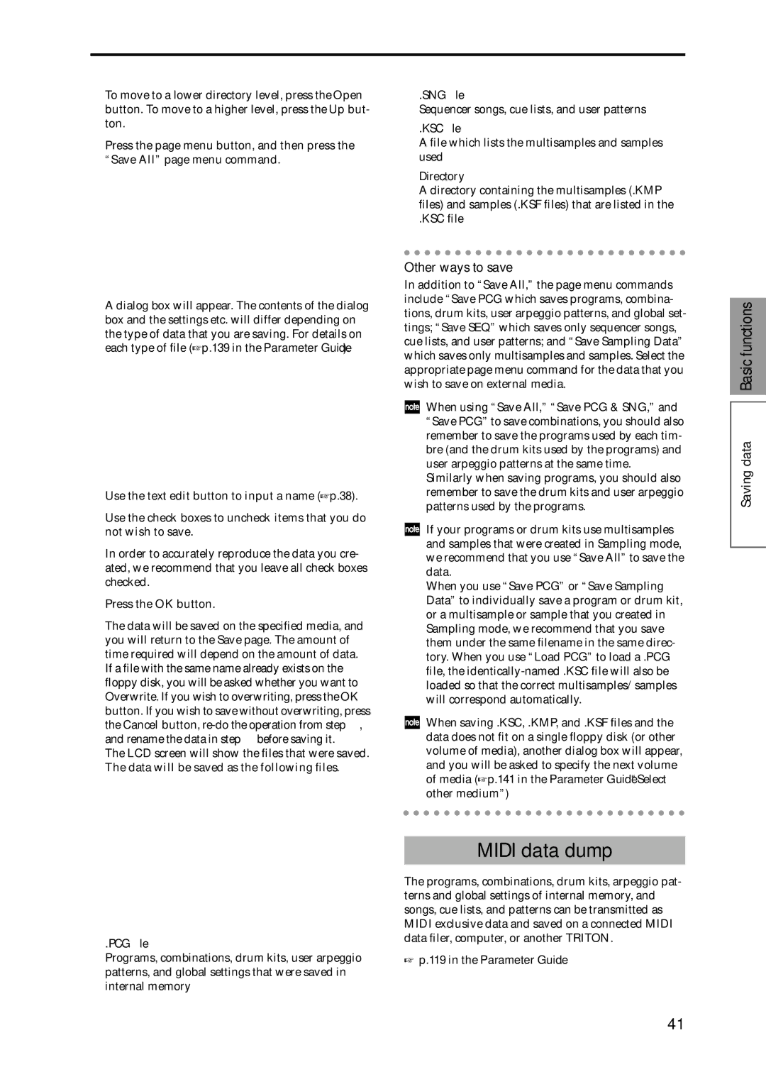 Korg Speaker System owner manual Midi data dump, Other ways to save 