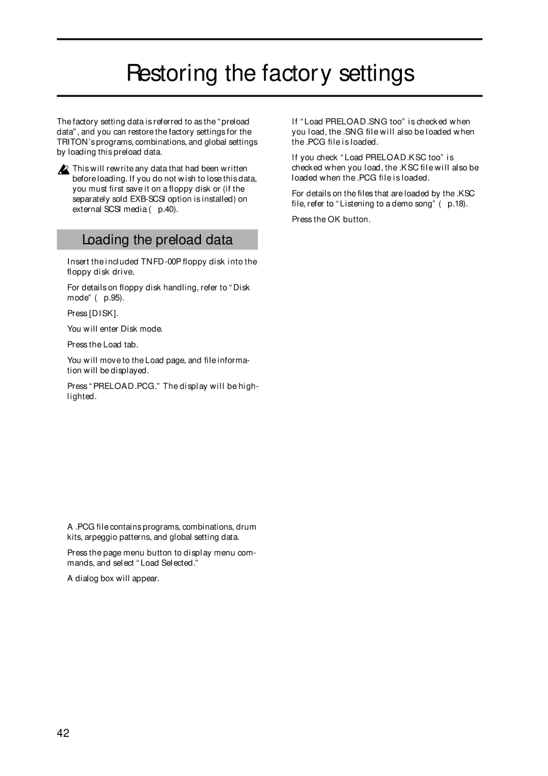 Korg Speaker System owner manual Restoring the factory settings, Loading the preload data, Press Disk 