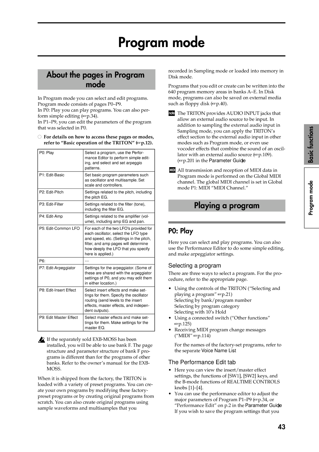 Korg Speaker System owner manual Program mode, About the pages in Program Mode, Playing a program, P0 Play 