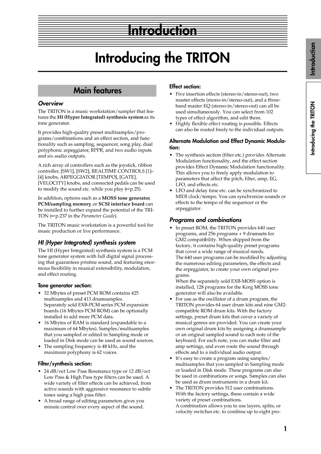 Korg Speaker System owner manual Introduction Introducing the Triton, Main features 