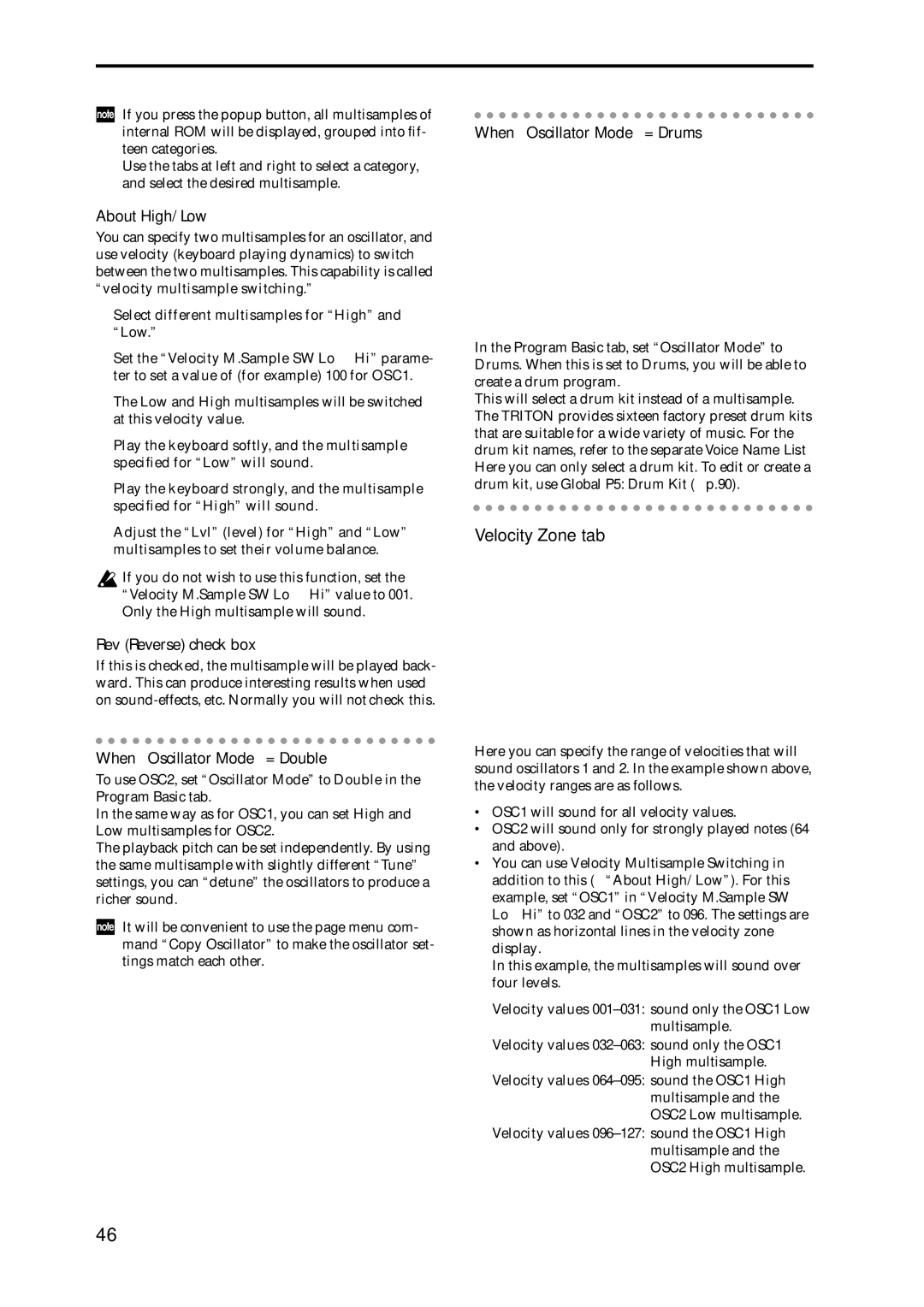 Korg Speaker System owner manual Velocity Zone tab, About High/Low, Rev Reverse check box, When Oscillator Mode = Double 