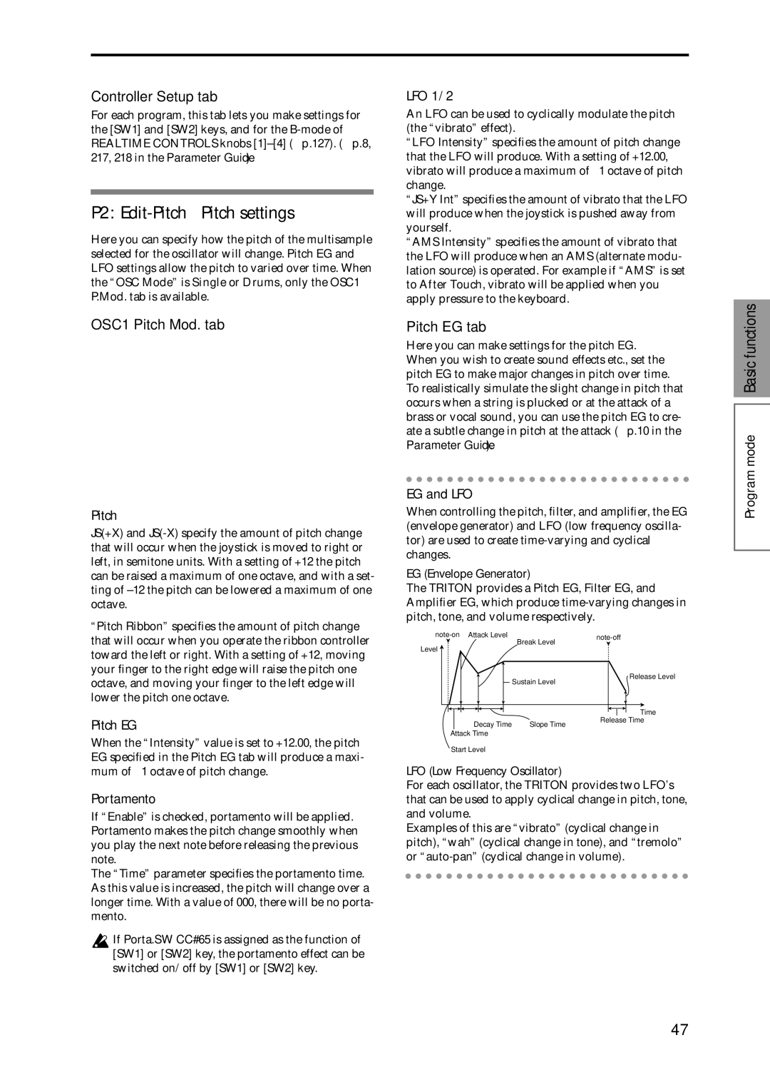 Korg Speaker System owner manual P2 Edit-Pitch Pitch settings, Controller Setup tab, OSC1 Pitch Mod. tab, Pitch EG tab 