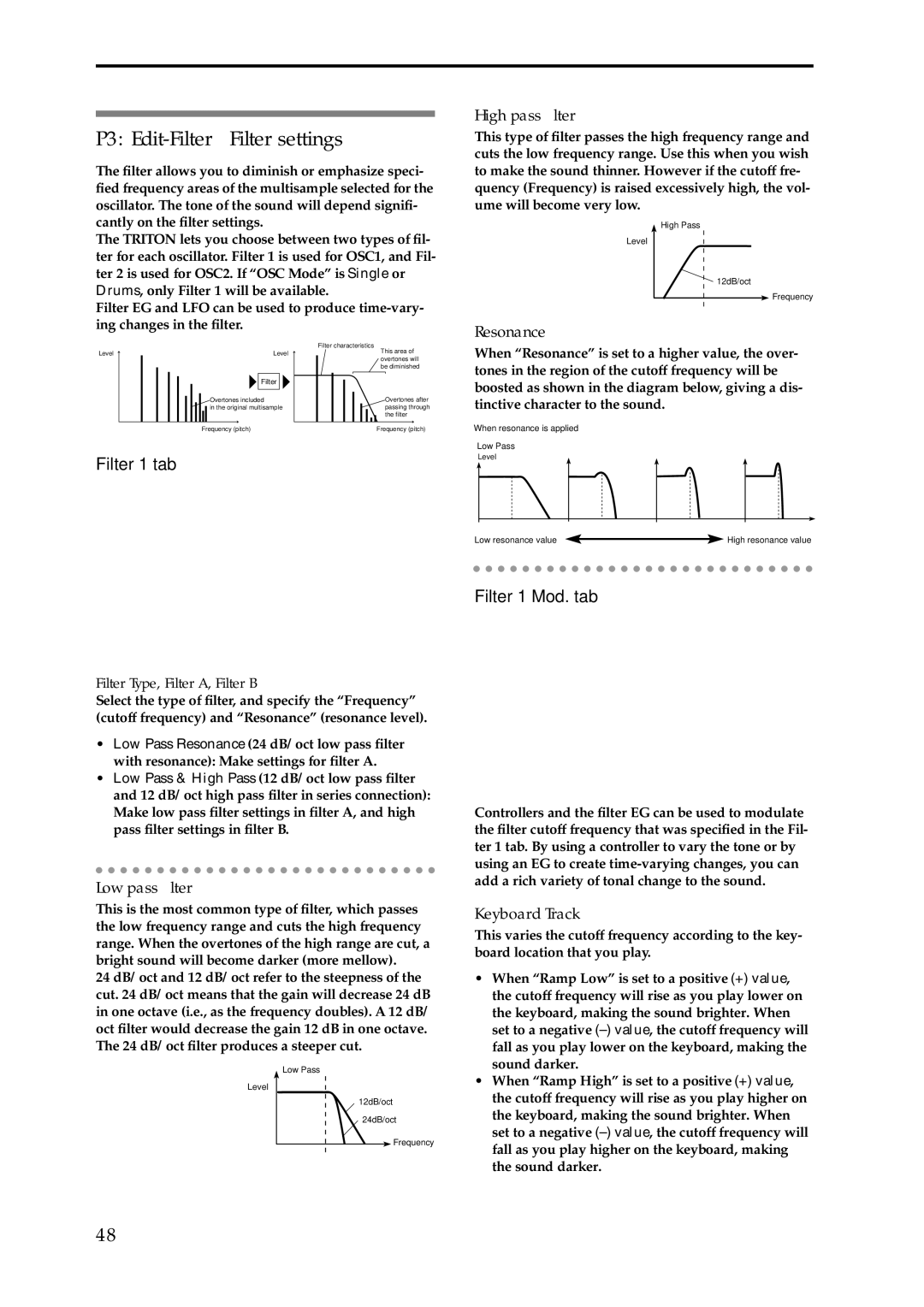 Korg Speaker System owner manual P3 Edit-Filter Filter settings, Filter 1 tab, Filter 1 Mod. tab 