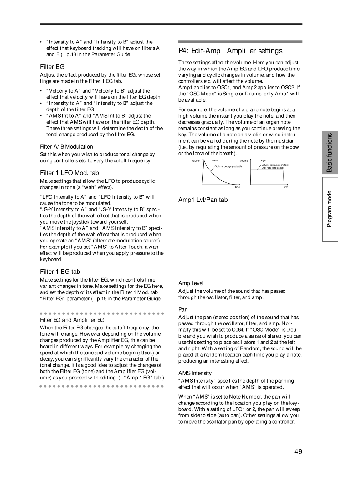 Korg Speaker System P4 Edit-Amp Ampliﬁer settings, Filter EG, Filter 1 LFO Mod. tab, Filter 1 EG tab, Amp1 Lvl/Pan tab 