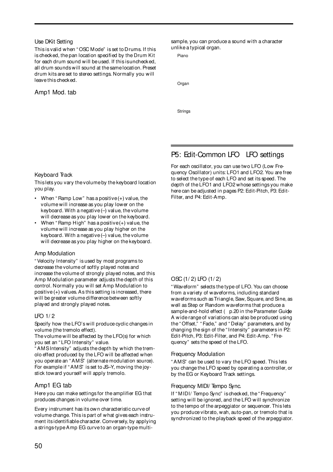 Korg Speaker System owner manual P5 Edit-Common LFO LFO settings, Amp1 Mod. tab, Amp1 EG tab 