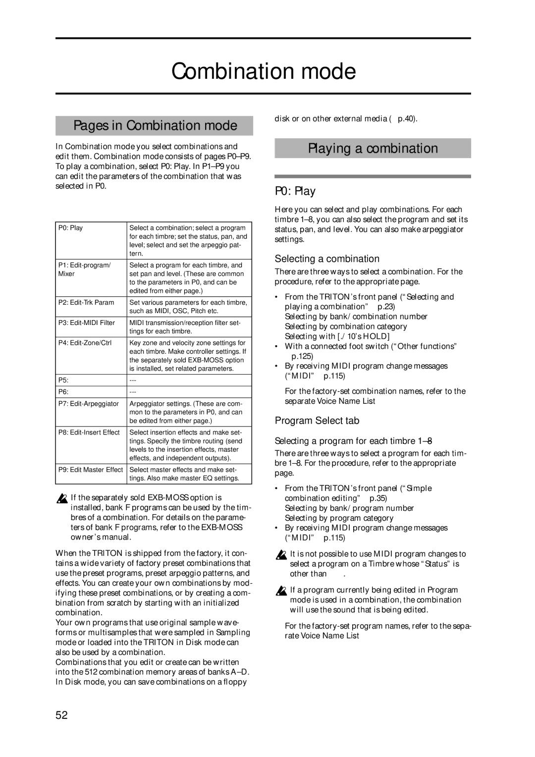 Korg Speaker System Pages in Combination mode, Playing a combination, Selecting a combination, Program Select tab 