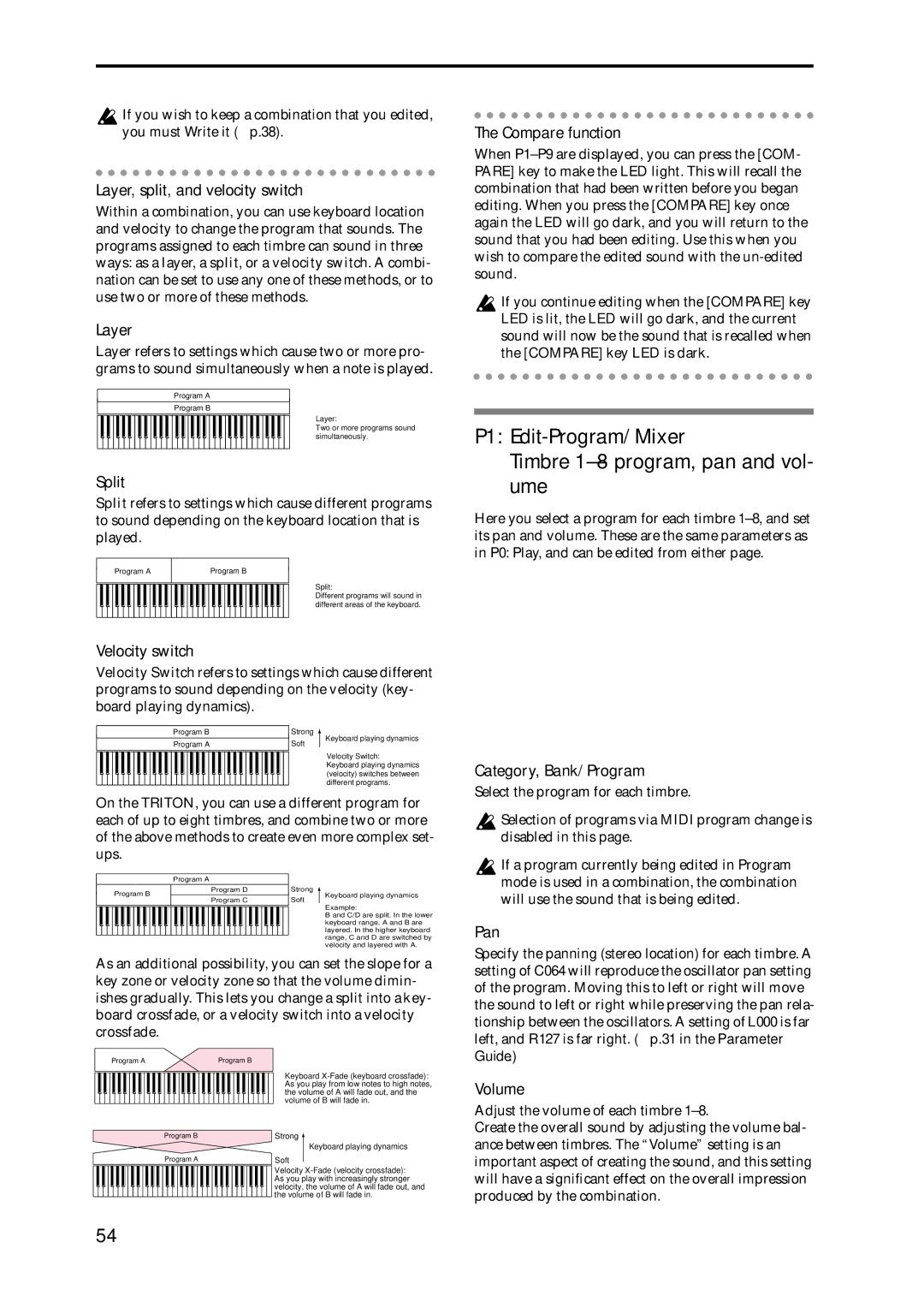 Korg Speaker System owner manual P1 Edit-Program/Mixer Timbre 1-8 program, pan and vol- ume 