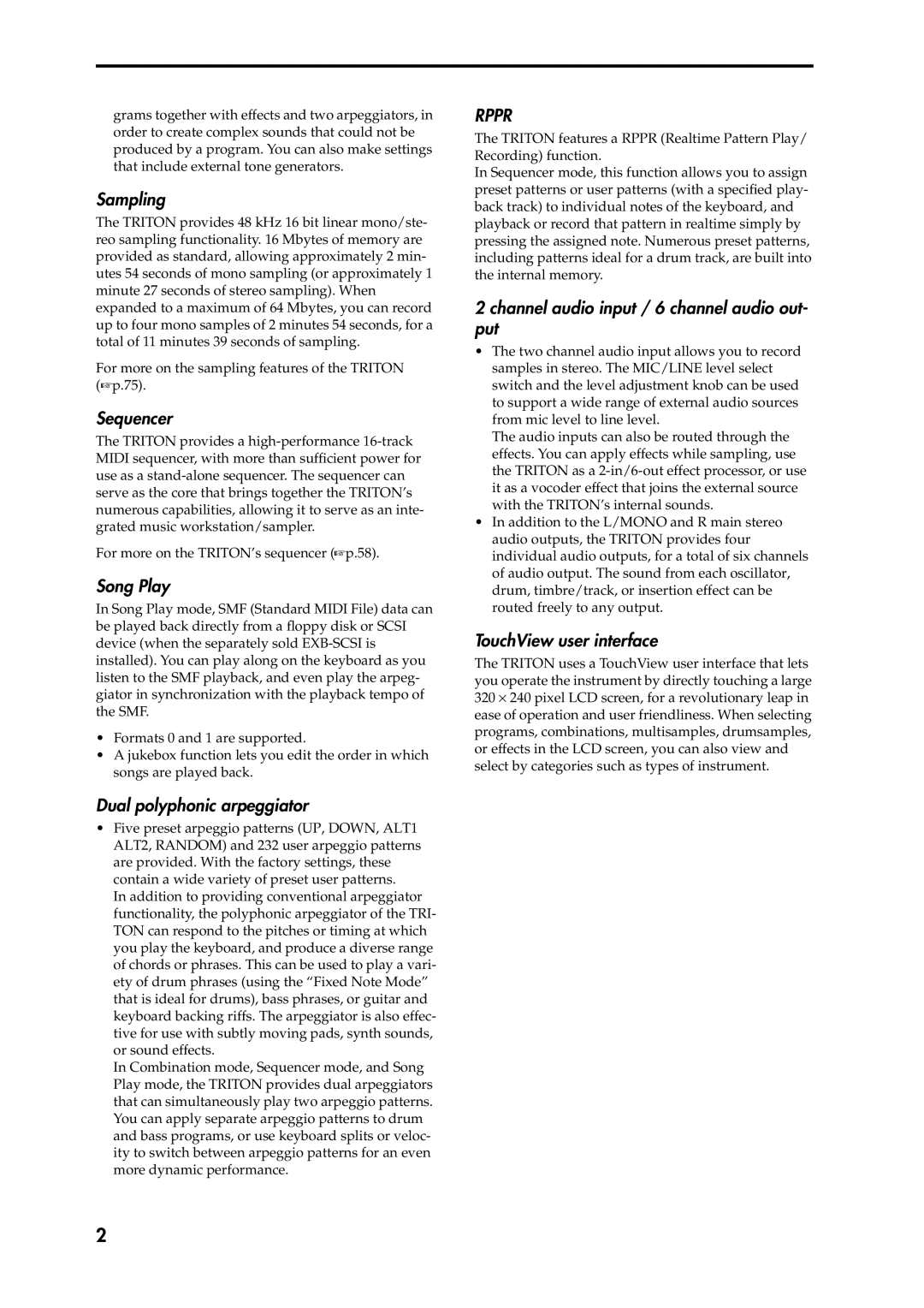 Korg Speaker System owner manual Sampling, Sequencer, Song Play, Dual polyphonic arpeggiator, TouchView user interface 