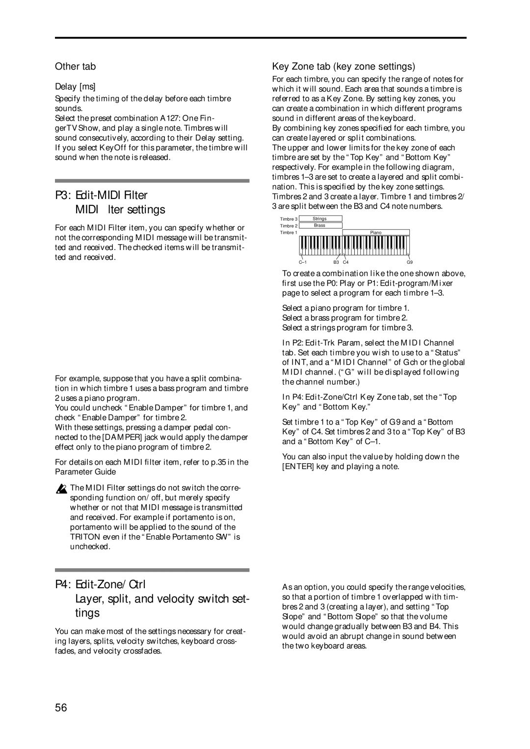 Korg Speaker System P3 Edit-MIDI Filter Midi ﬁlter settings, Other tab, Key Zone tab key zone settings, Delay ms 