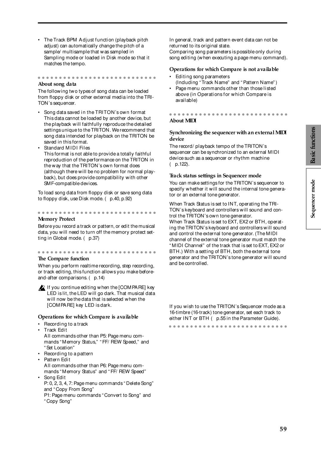 Korg Speaker System About song data, Operations for which Compare is available, Track status settings in Sequencer mode 